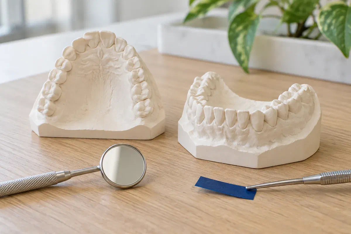 Illustrative dental casts beside a mirror and articulating-paper holder