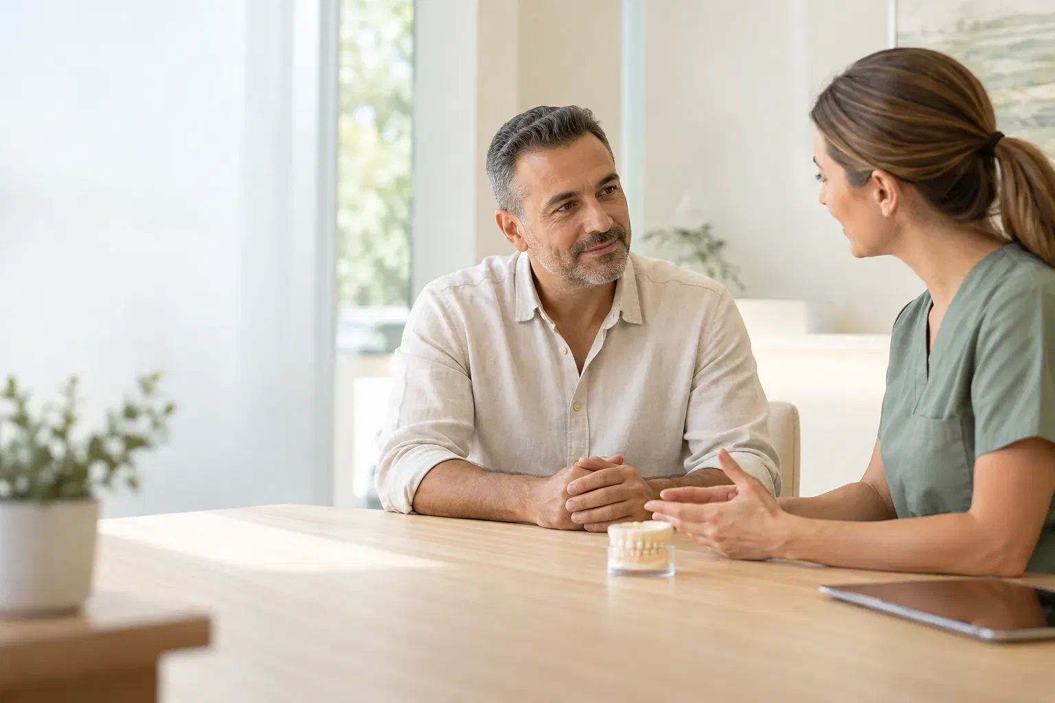 Illustrative patient discussing bite contacts with a clinician beside a dental cast