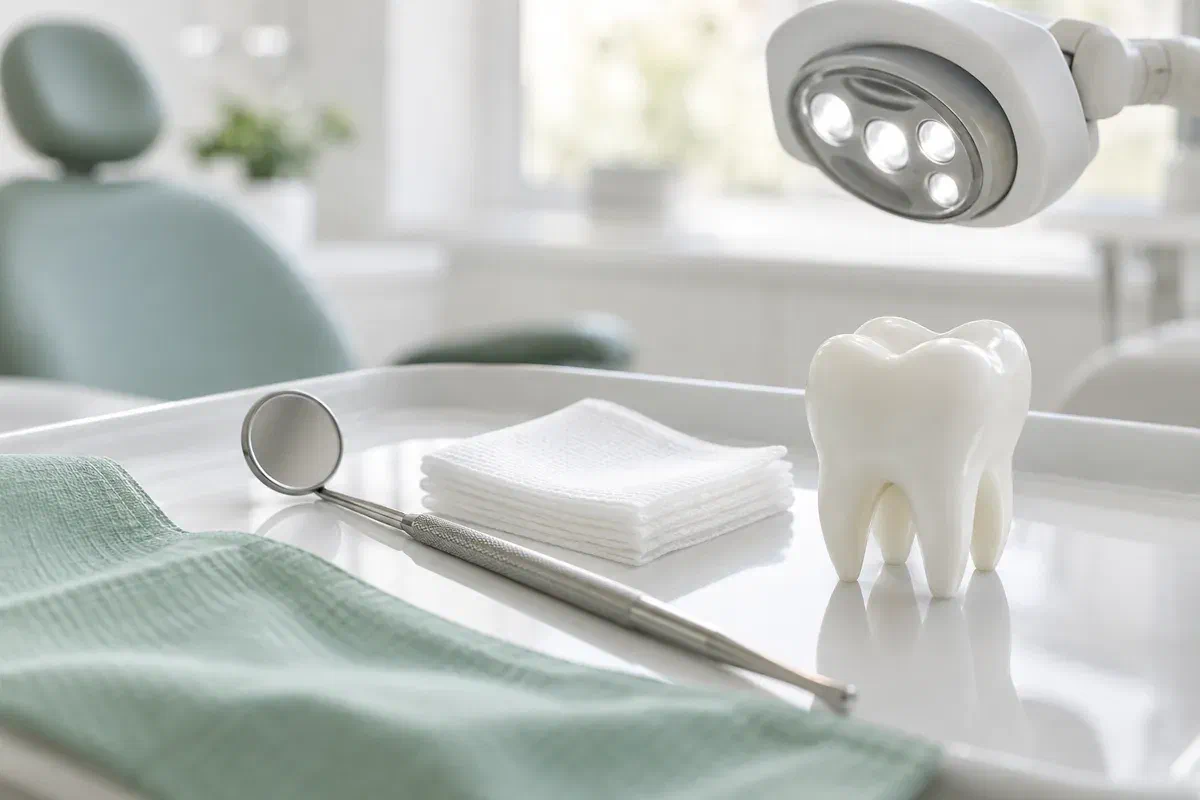 Dental mirror, gauze, examination light, and tooth model illustrating an oral examination