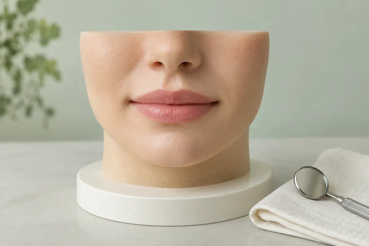 Illustrative closed-mouth teaching model on a display base beside a dental mirror