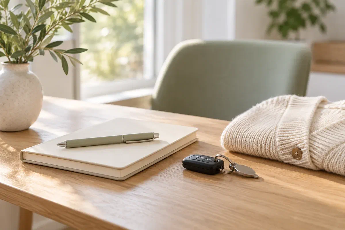 Illustrative consultation notebook, pen, and travel keys beside a folded cardigan