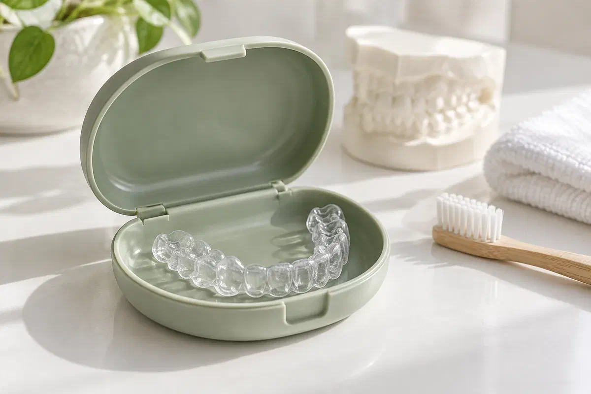Illustrative clear orthodontic retainer in a protective case beside cleaning supplies