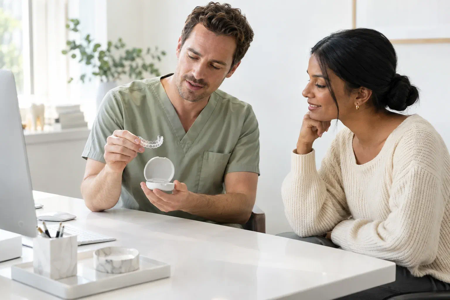 Illustrative patient learning about a clear retainer during a dental consultation
