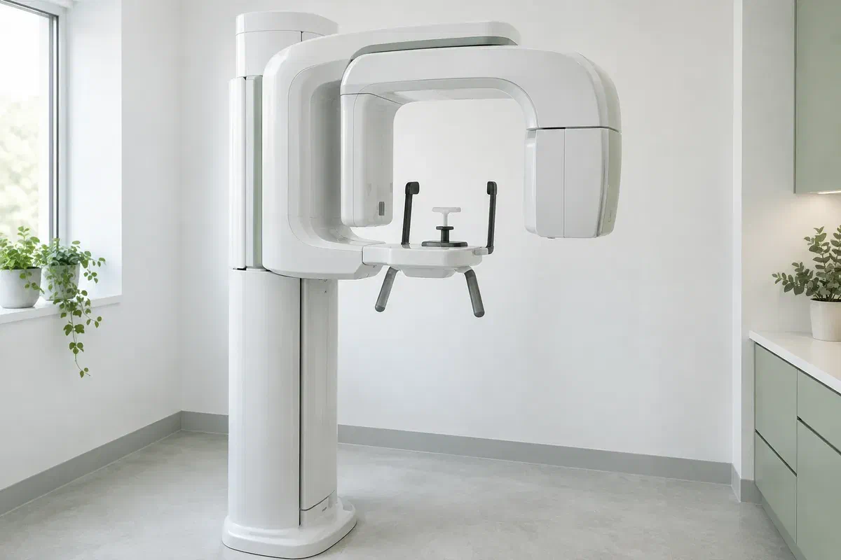 Illustrative unbranded panoramic dental X-ray unit in an empty imaging room