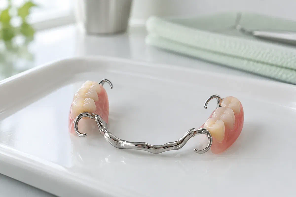 Removable lower partial denture with two tooth-bearing sections and a metal framework