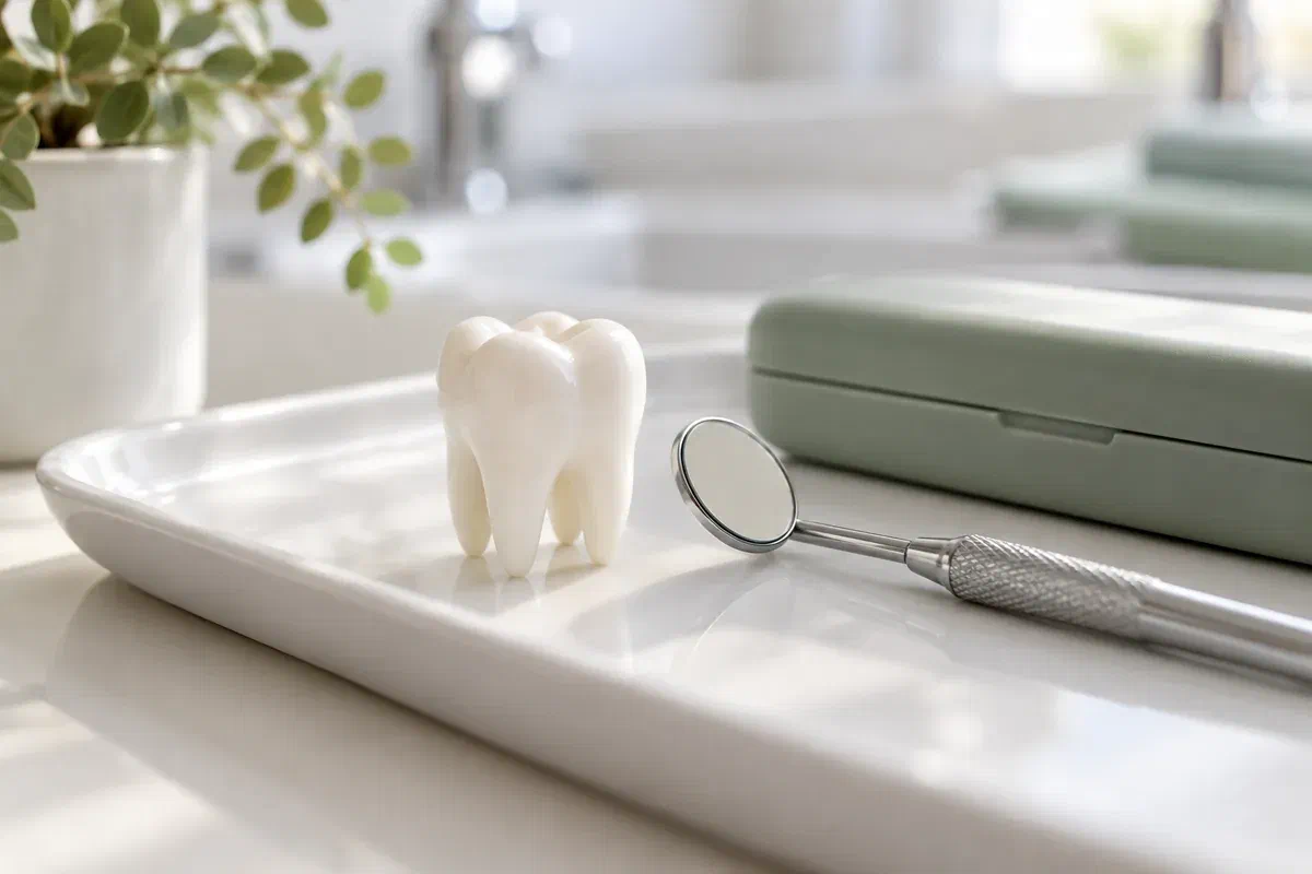 Illustrative opaque molar model and mirror on a clean dental tray