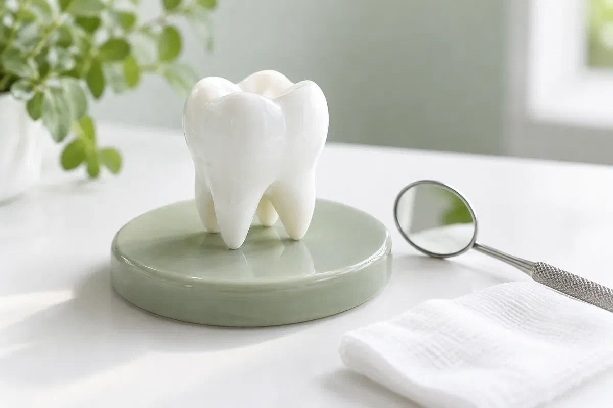 Illustrative solid primary molar model beside a dental mirror and gauze