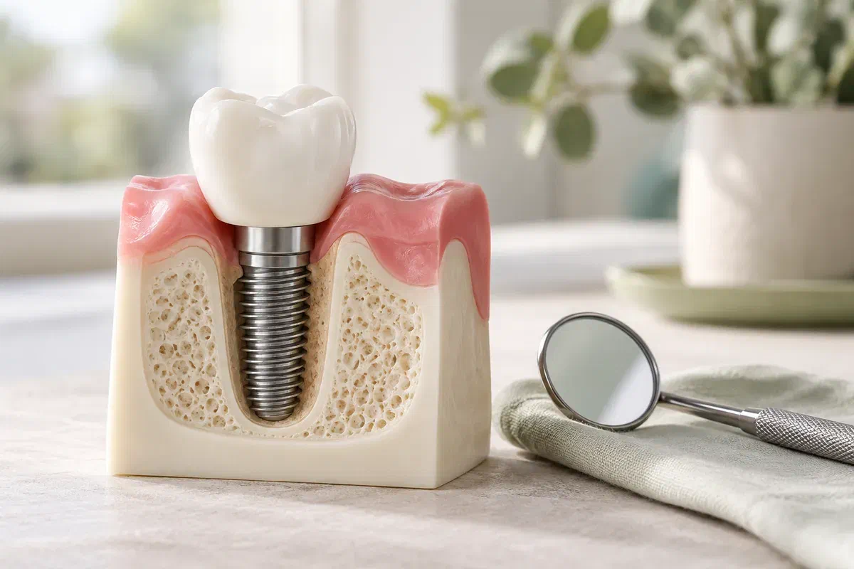 Illustrative implant teaching model with a connected crown, implant, gum, and bone base