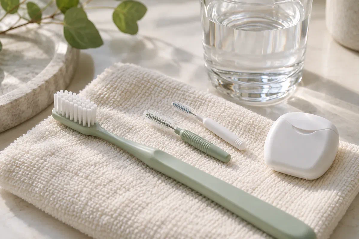 Illustrative toothbrush, interdental brushes, and floss container arranged for daily gum care