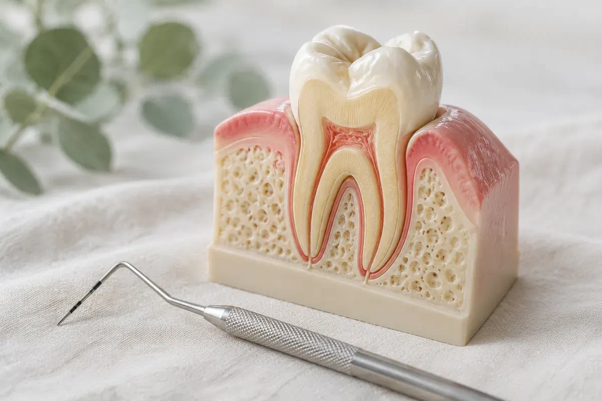 Illustrative tooth-and-gum teaching model beside a periodontal examination probe
