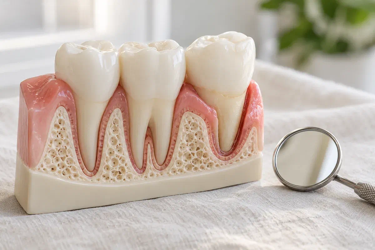 Illustrative connected tooth, gum, and supporting-bone teaching model