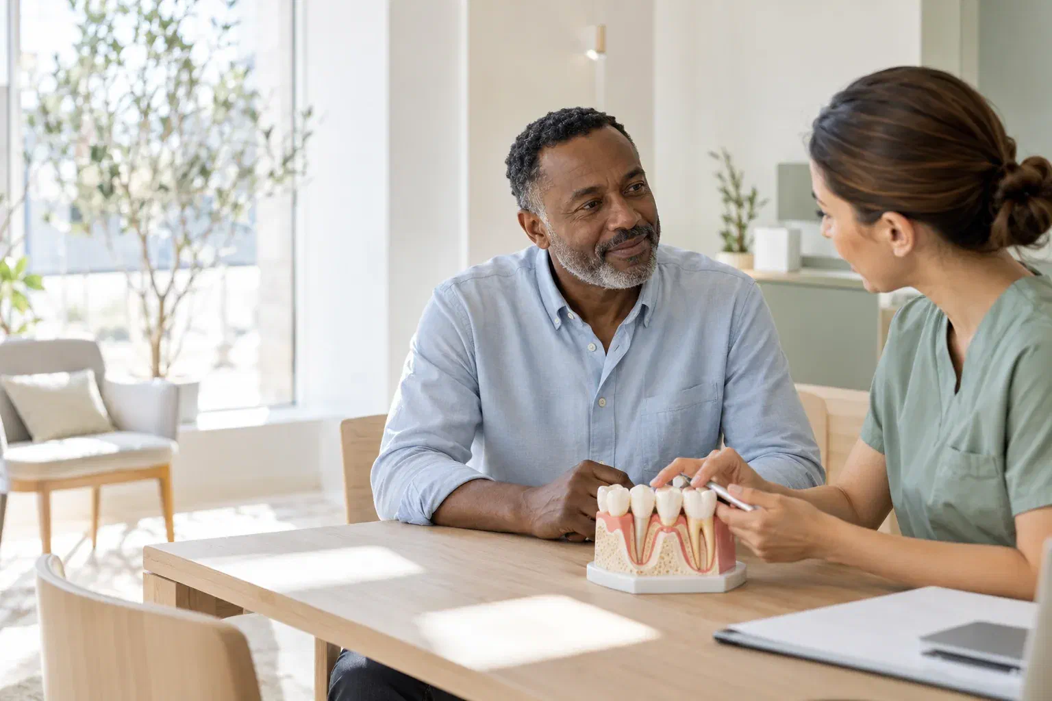 Illustrative patient reviewing gum-treatment priorities with a clinician