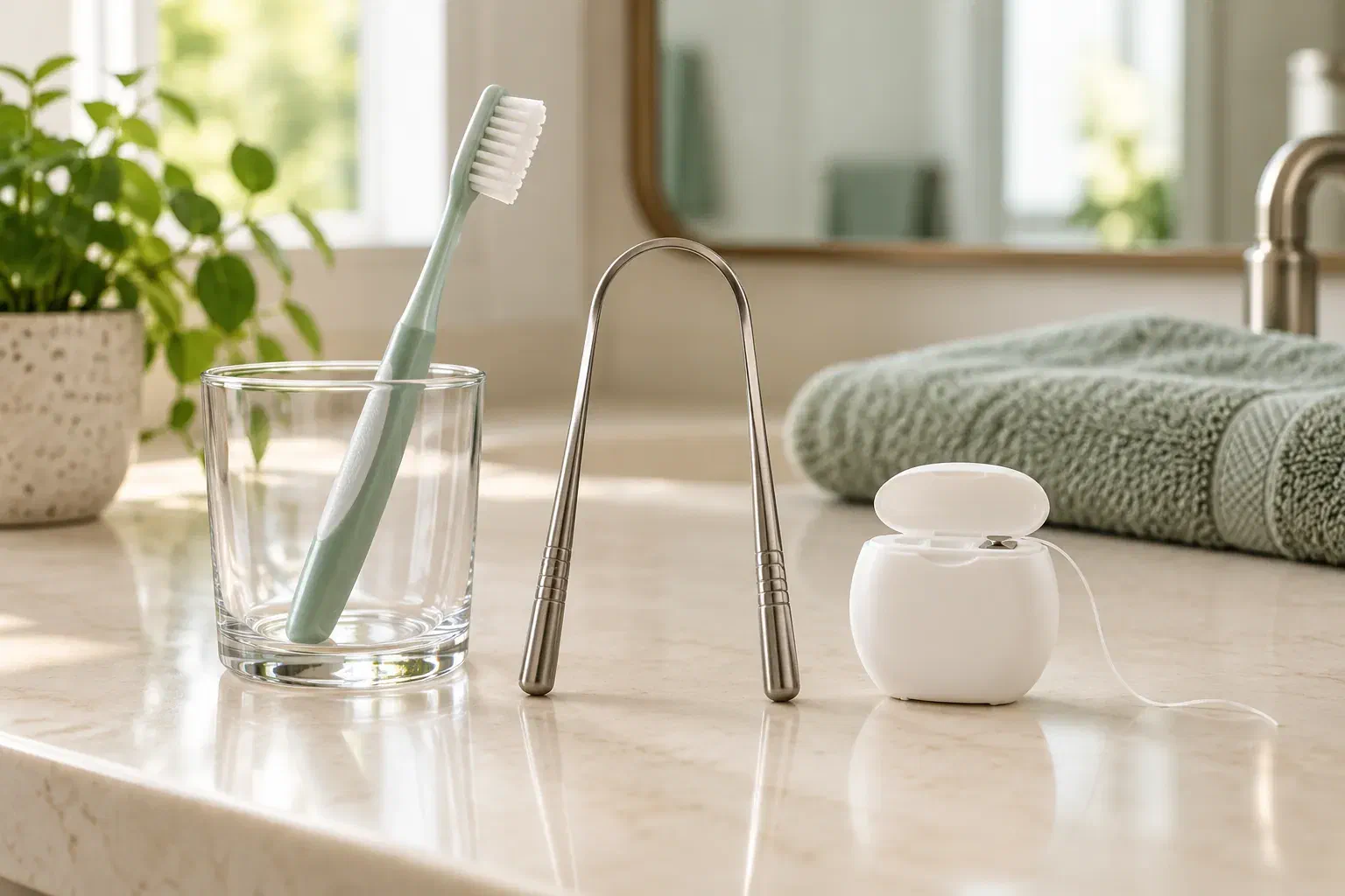 A toothbrush, tongue cleaner, and dental floss on a clean bathroom counter