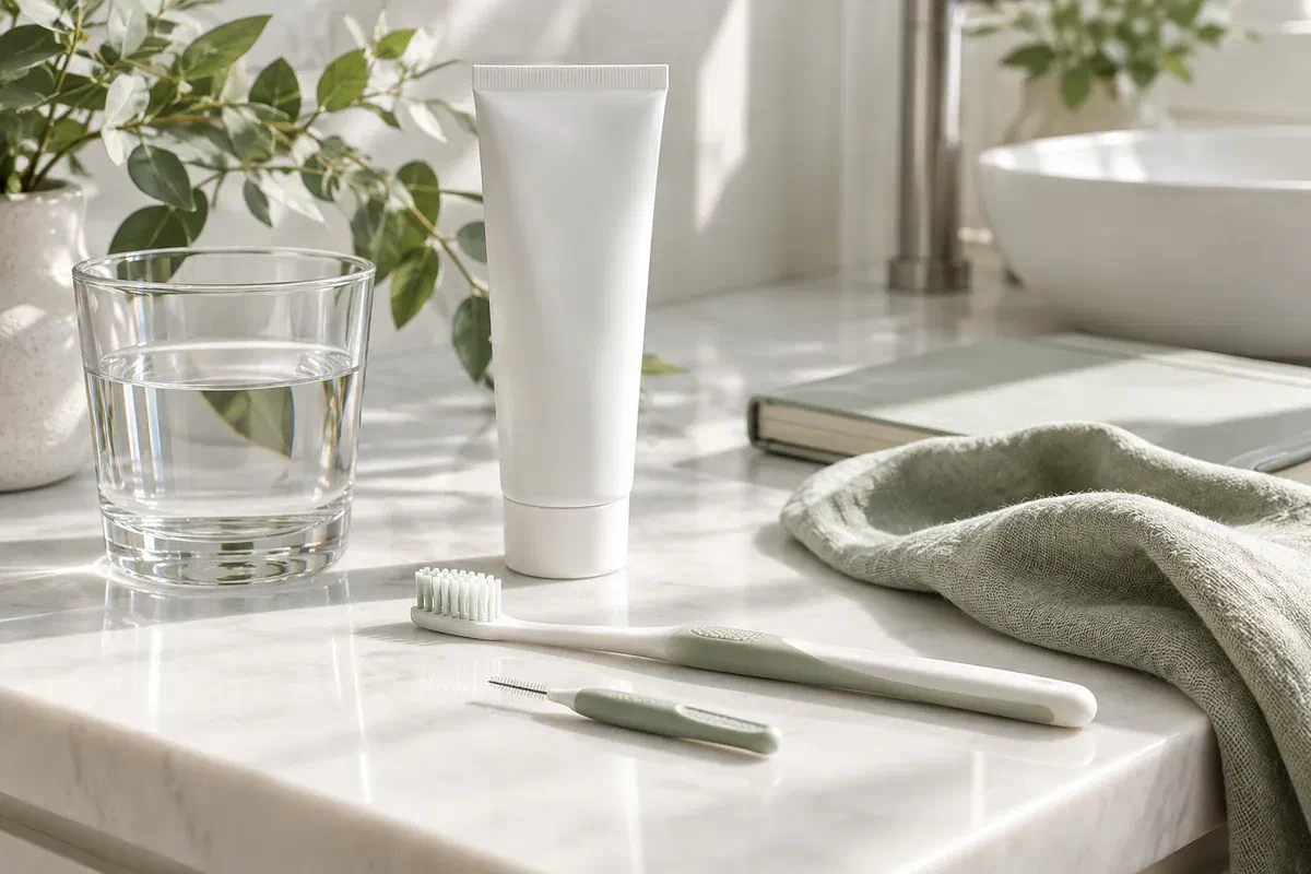 Toothbrush, interdental brush, toothpaste, water, and notebook illustrating a personal care routine
