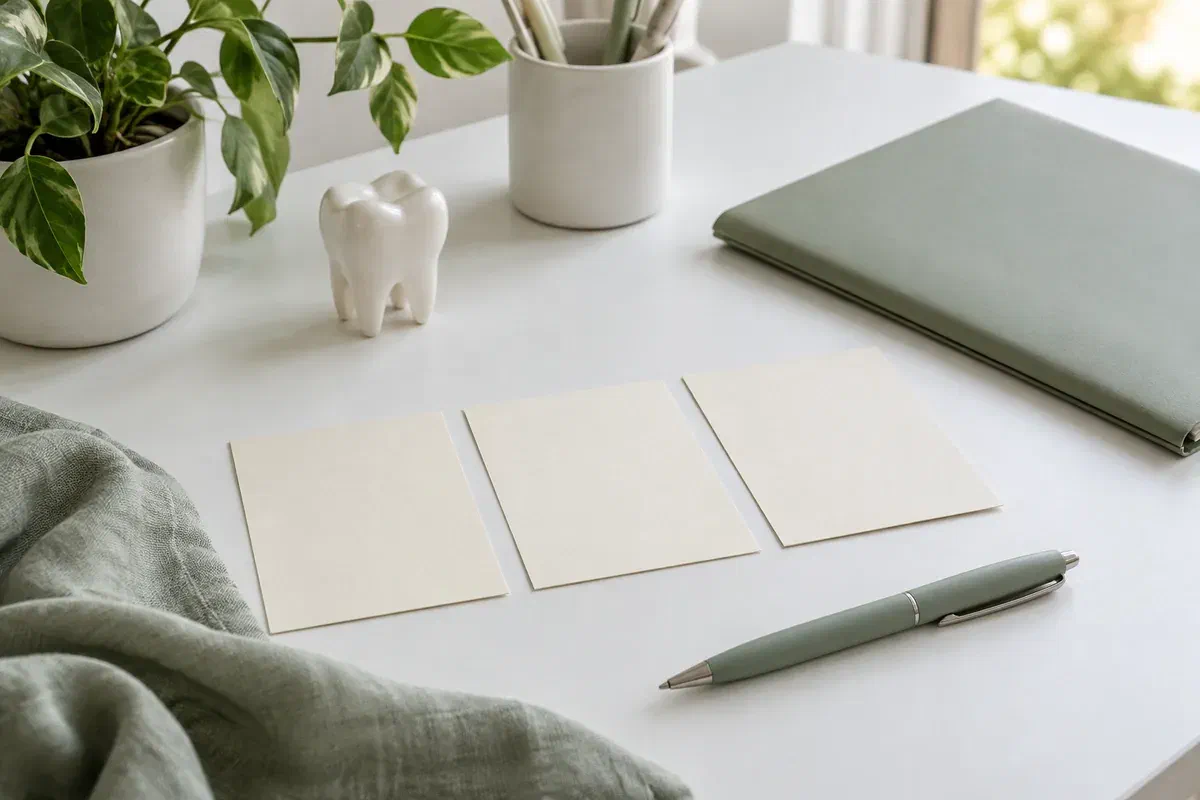 Three blank planning cards, pen, folder, and tooth model illustrating treatment stages
