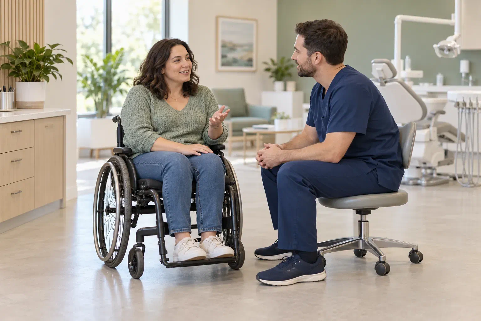 A woman using a wheelchair speaking at eye level with a dental professional