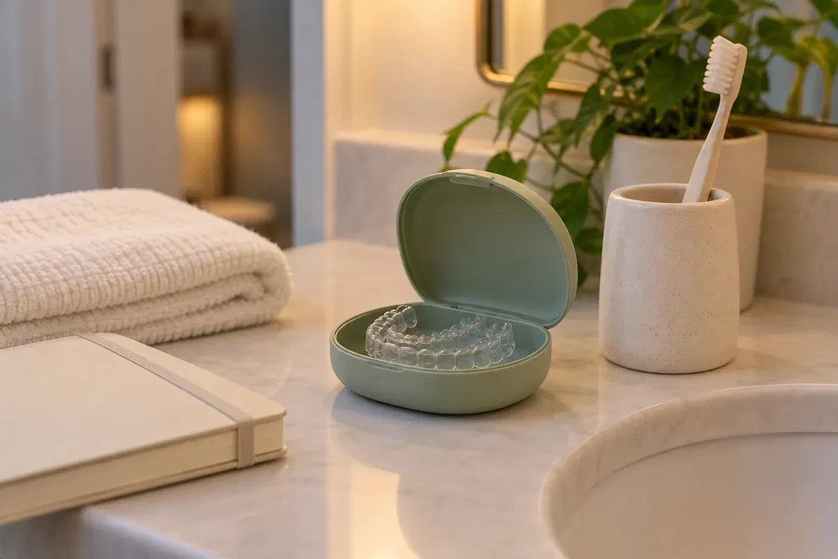 Illustrative evening retainer-care arrangement with a case, toothbrush, towel, and notebook