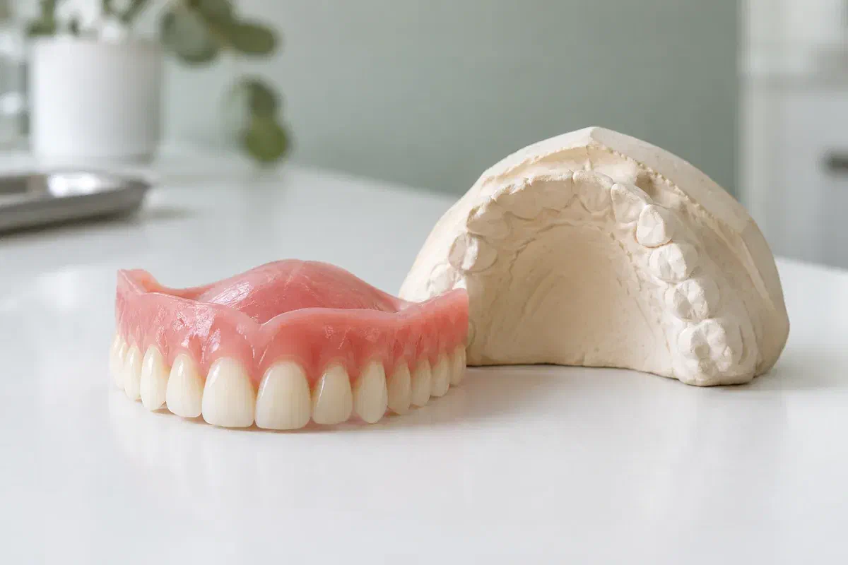 Illustrative denture and dental cast used to explain restorative planning