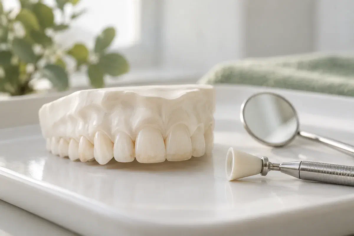 Illustrative teaching model with subtle surface marks beside dental cleaning instruments