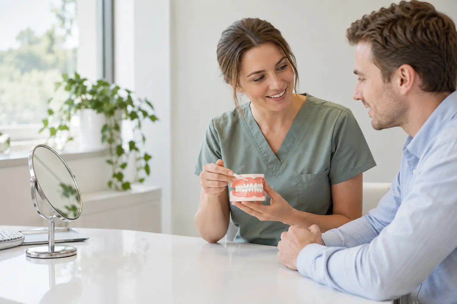 Illustrative patient discussing surface staining with a dental hygiene clinician