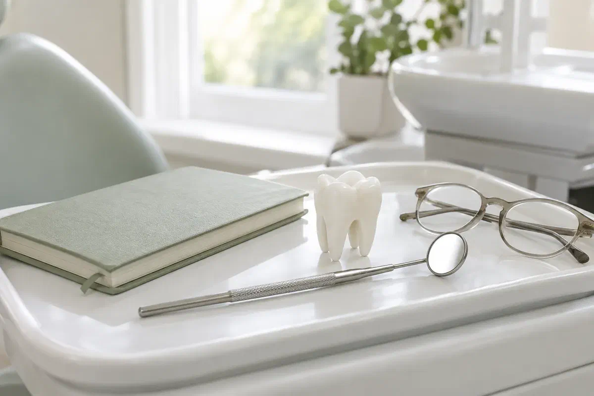 Illustrative dental mirror, tooth model, and notebook for an examination