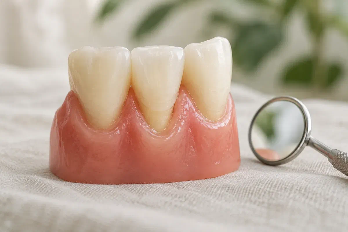 Illustrative teaching model showing an exposed tooth neck beside neighbouring teeth