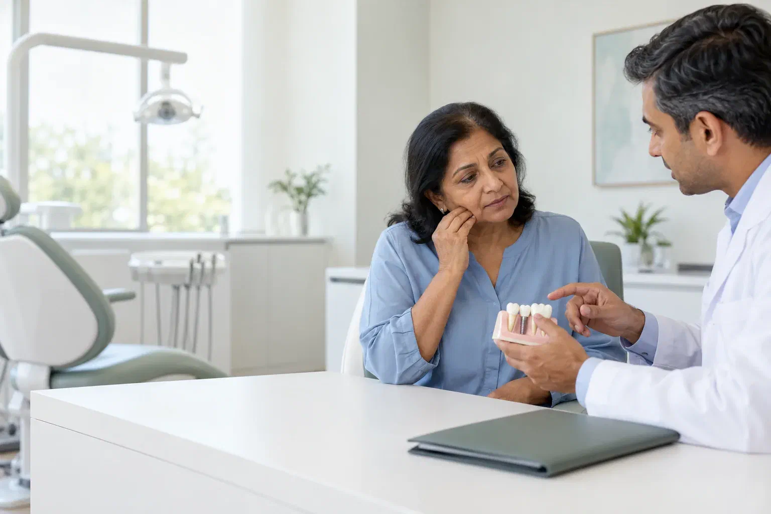 Illustrative consultation about concerns with an existing dental implant