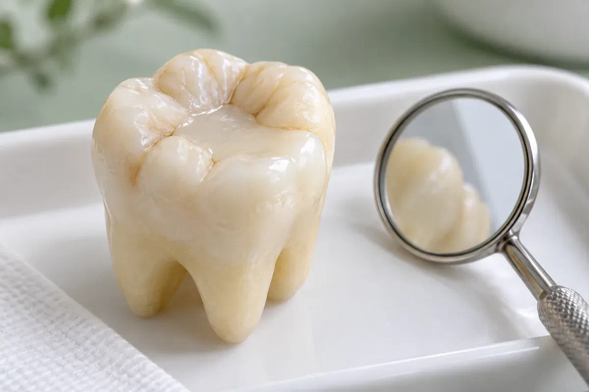 Illustrative molar teaching model with a gently worn tooth-coloured restoration