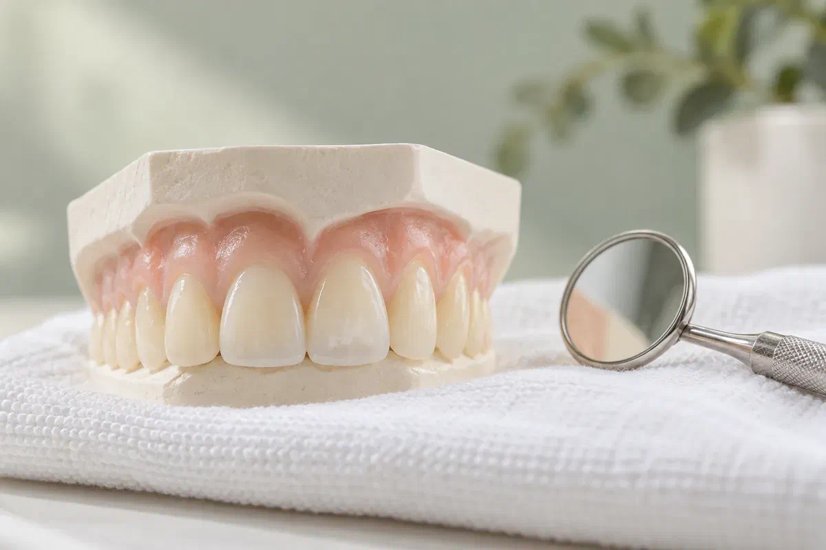 Illustrative dental teaching model with a subtle white enamel patch beside a dental mirror