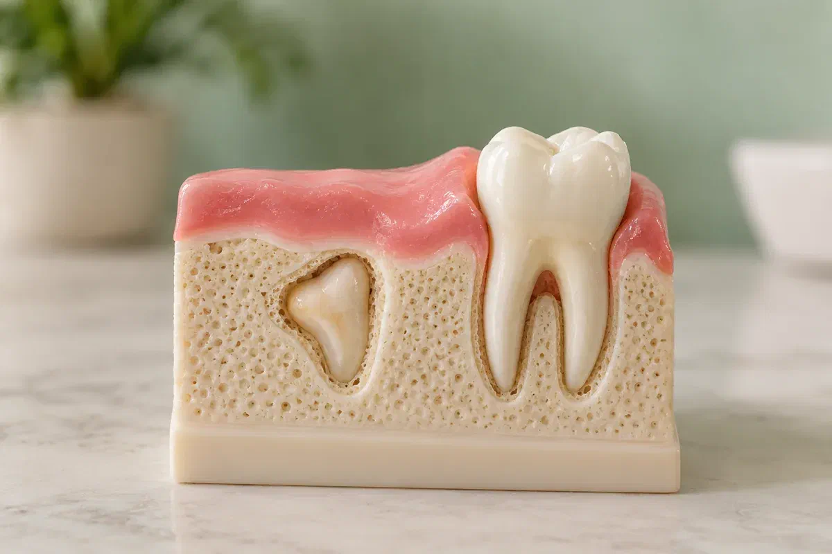 Illustrative cutaway teaching model showing a buried root fragment beside an intact tooth