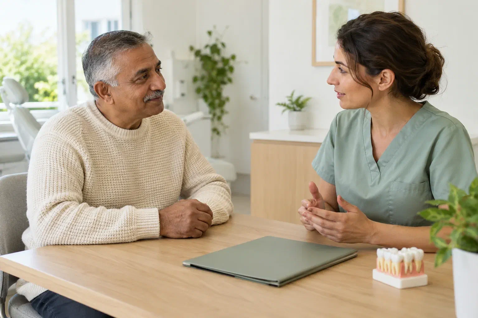 Illustrative patient and clinician discussing assessment of a retained tooth root