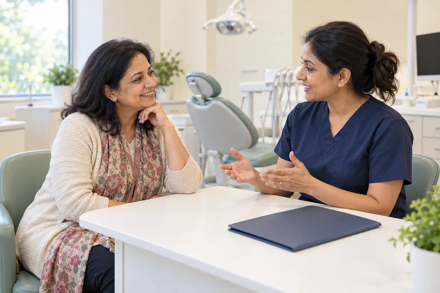 A woman returning to dental care discussing her visit with a dental professional