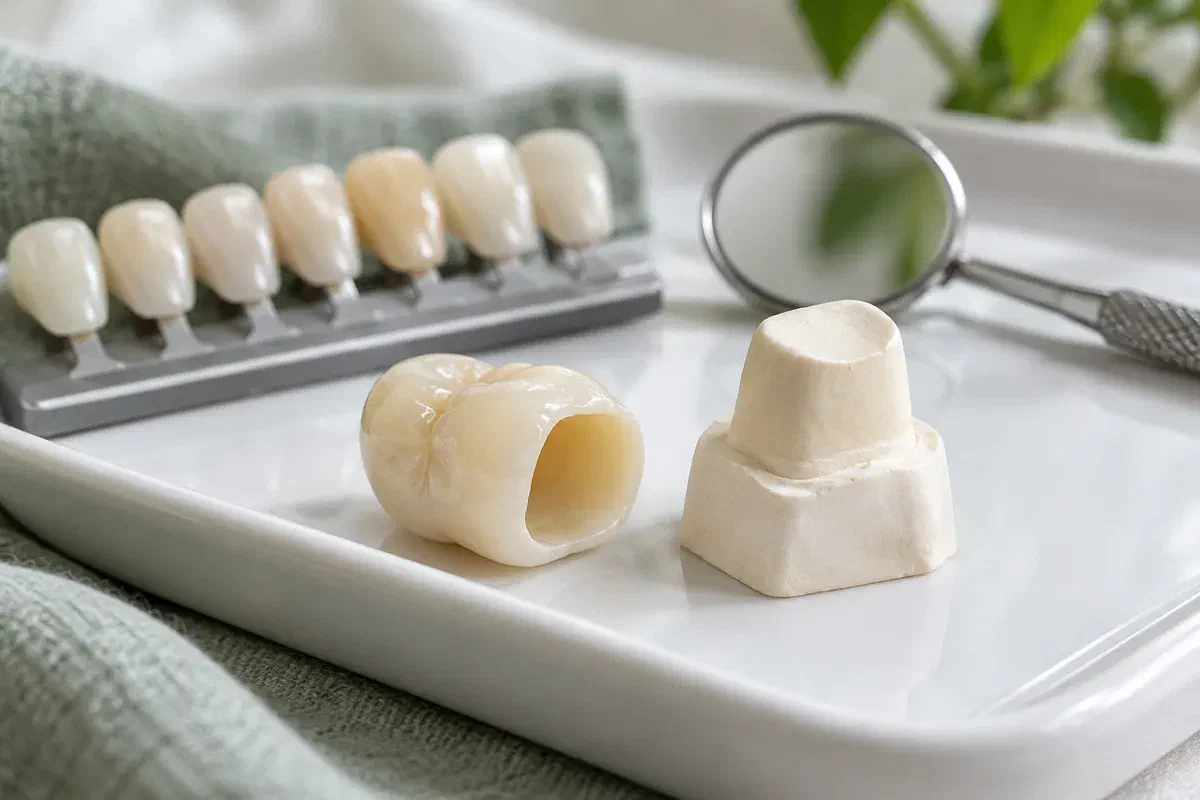 Illustrative ceramic crown and prepared-tooth model beside a shade guide