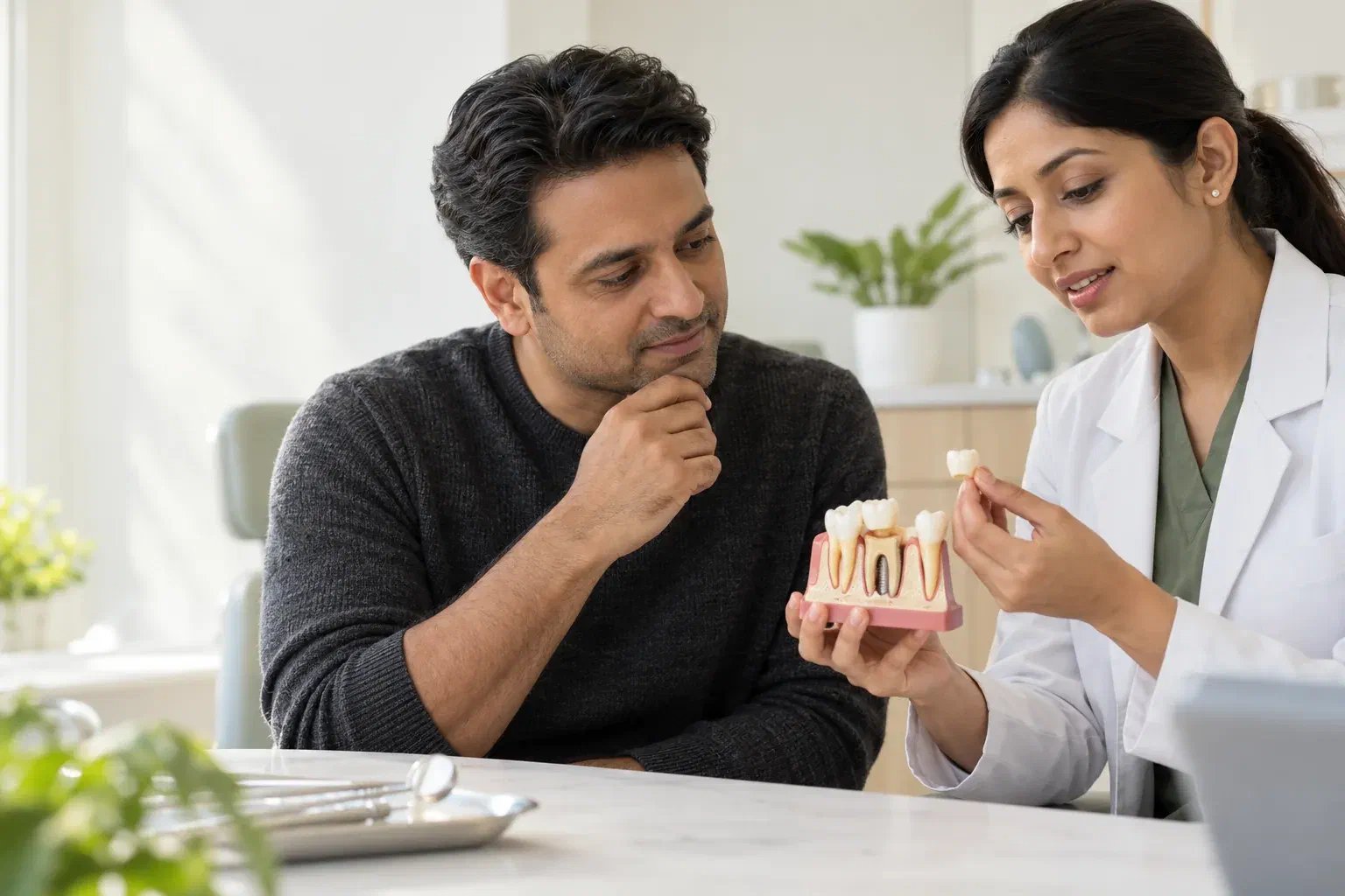 Illustrative consultation about a crown after root canal treatment