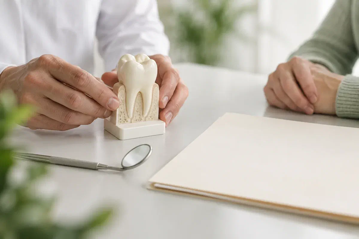 Illustrative review of a tooth model and a plain records folder at a consultation