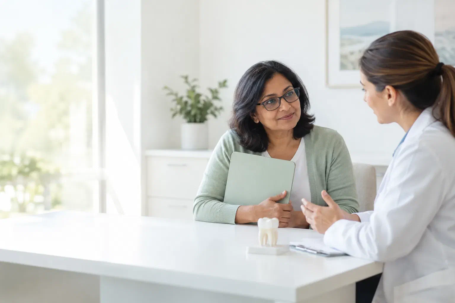 Illustrative consultation with a patient bringing records for another dental opinion