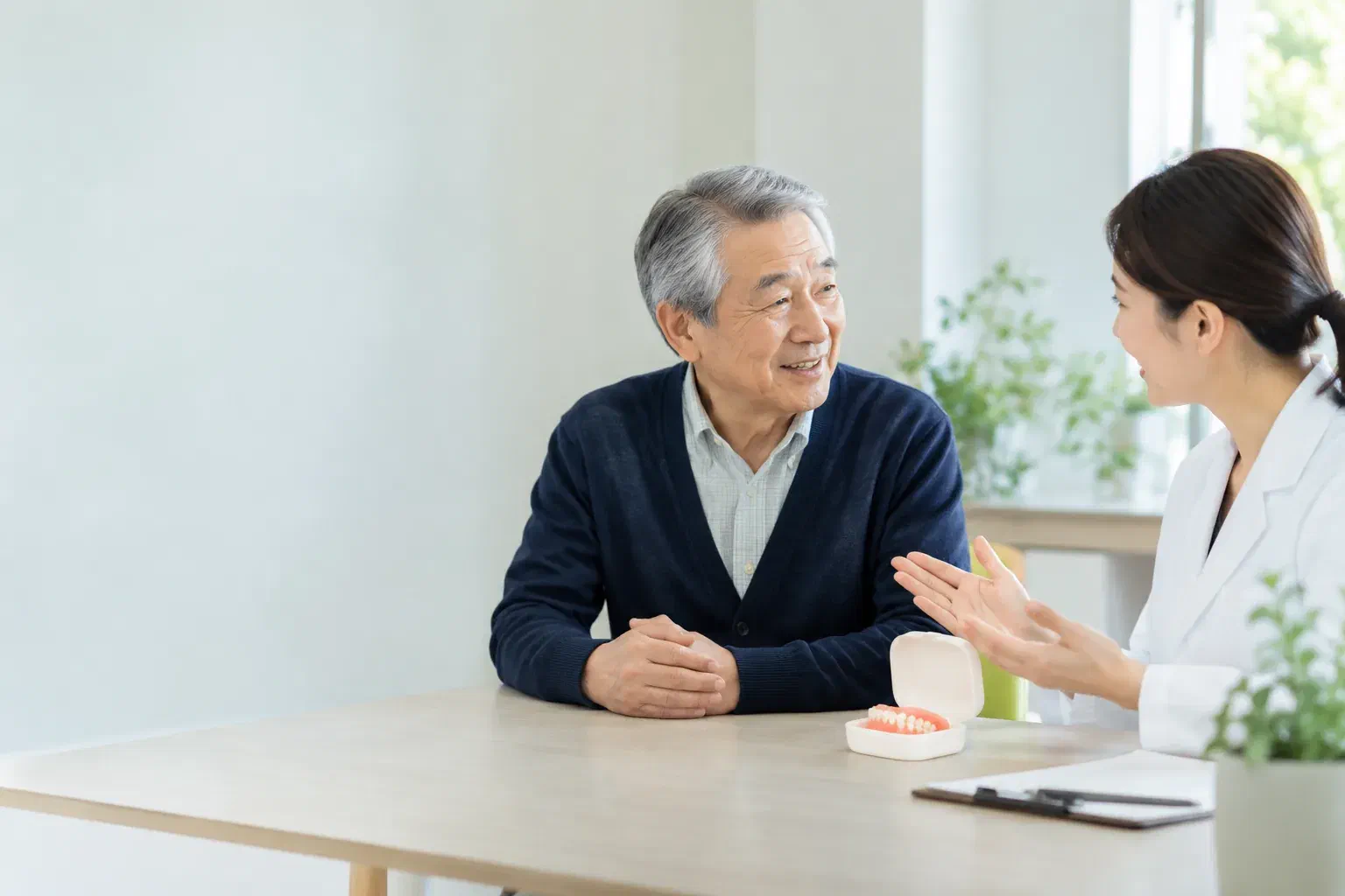 Illustrative consultation about a removable denture and repair arrangements