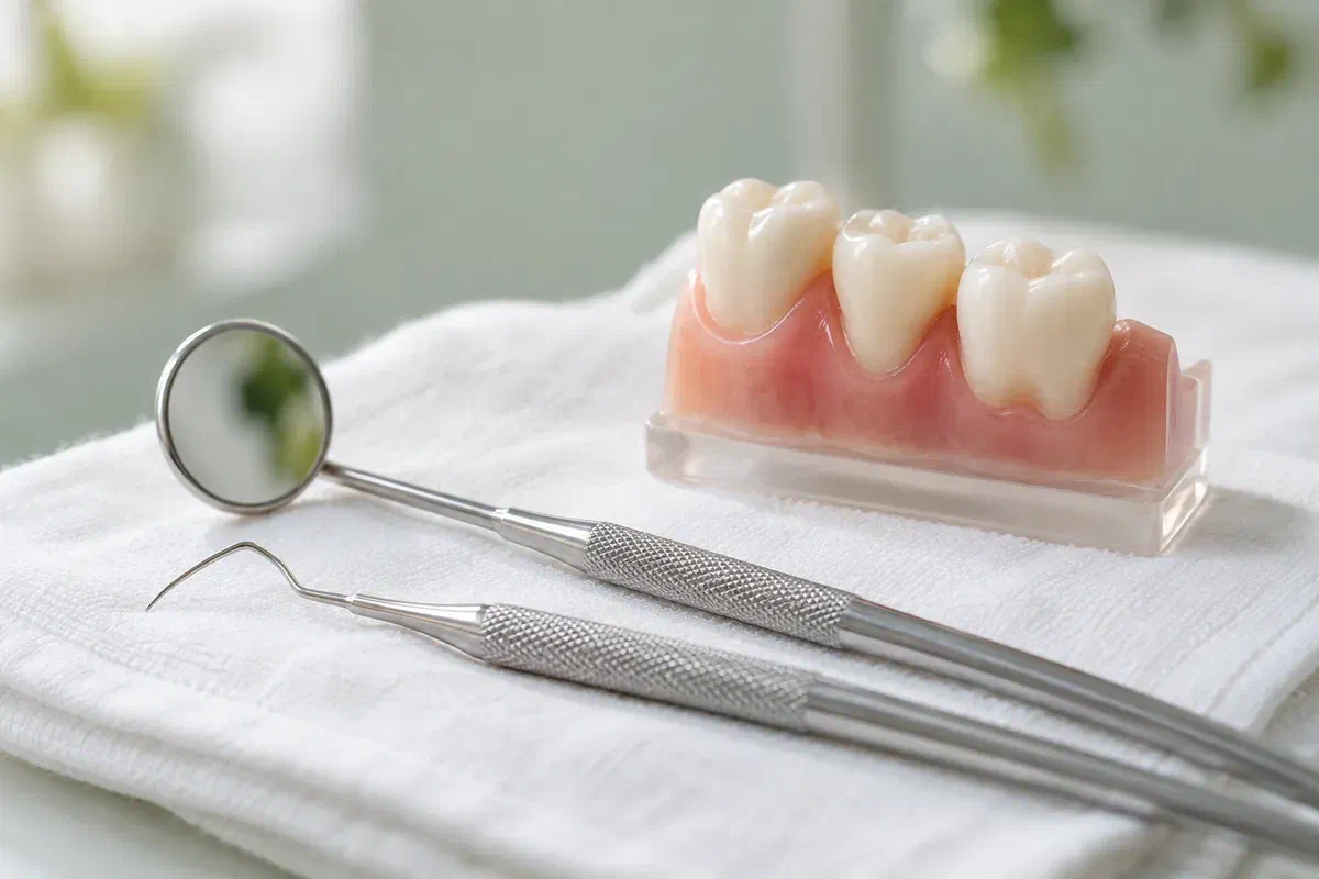 Illustrative periodontal cleaning instrument, mirror, and supported tooth model