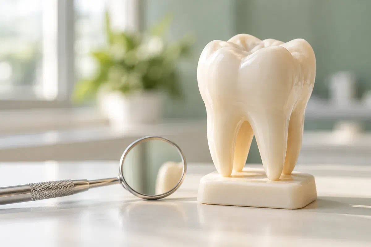 Illustrative molar teaching model and mirror representing a dental assessment