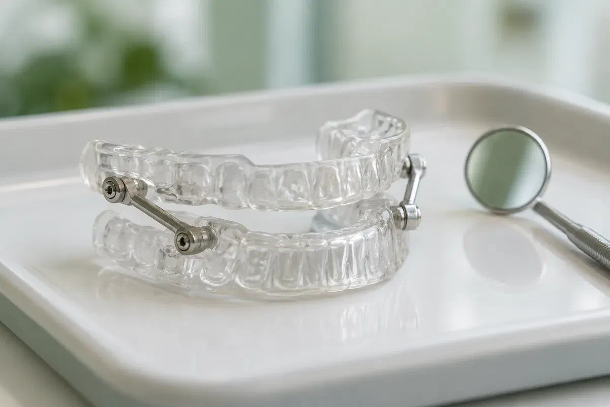 Illustrative connected oral sleep appliance beside a dental mirror