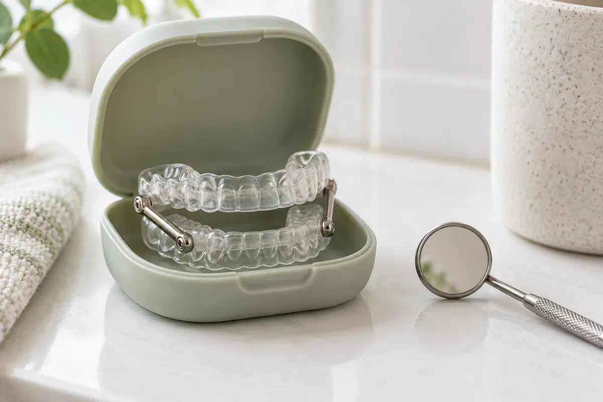 Illustrative connected oral sleep appliance inside an open protective case