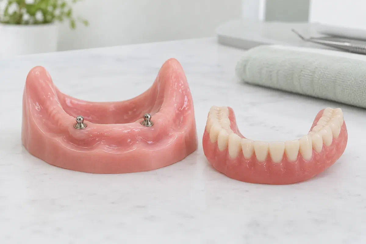 Illustrative lower-jaw model with attachment heads beside a removable overdenture