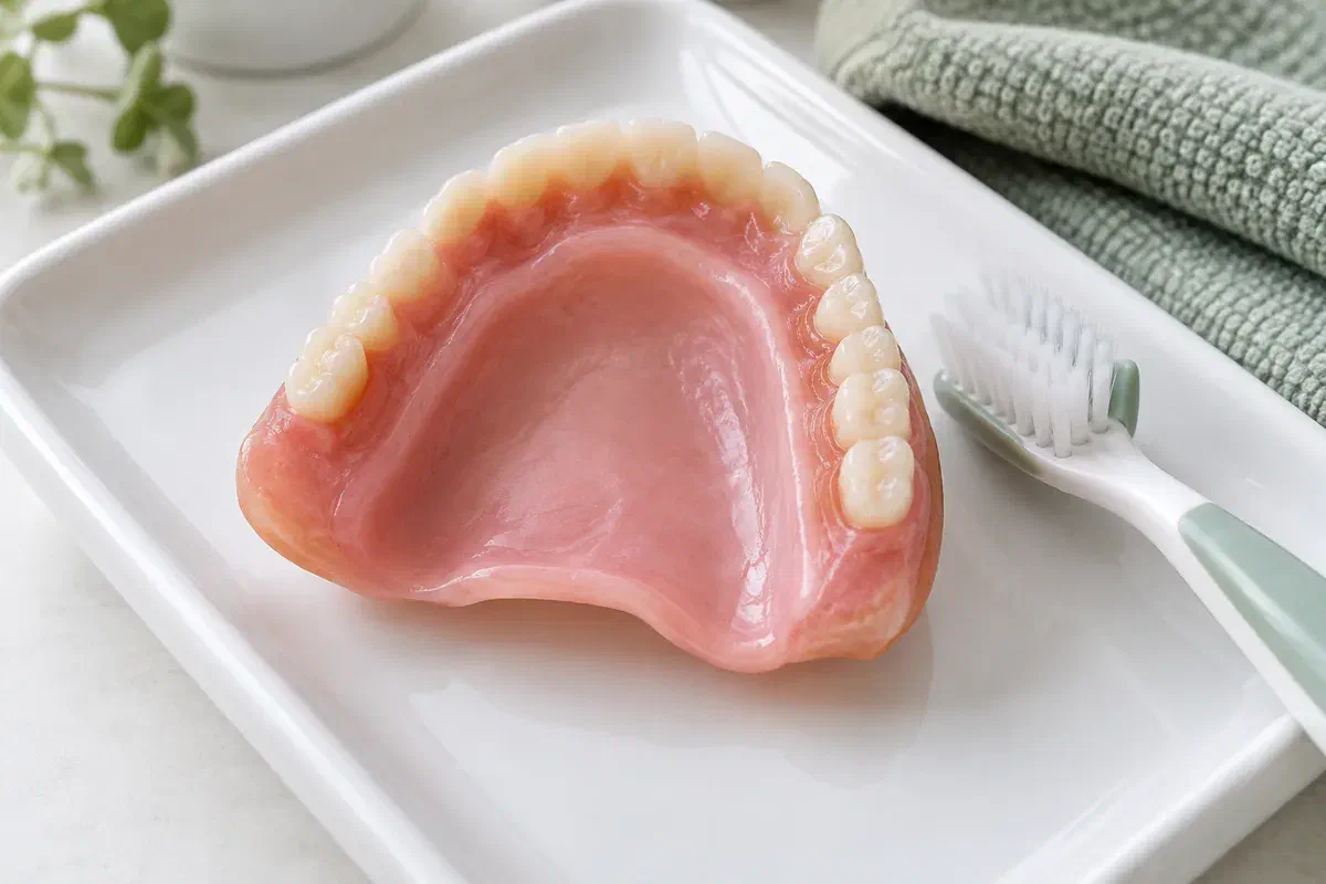 Illustrative upper denture with a smooth pale pink lining on its fitting surface