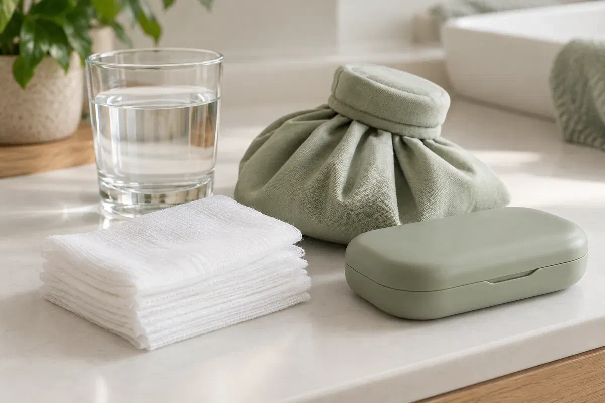 Illustrative clean gauze and a wrapped cold pack prepared for first aid