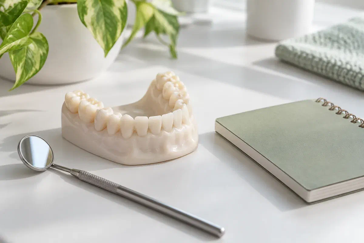 Illustrative lower dental teaching model beside a mirror and appointment notebook