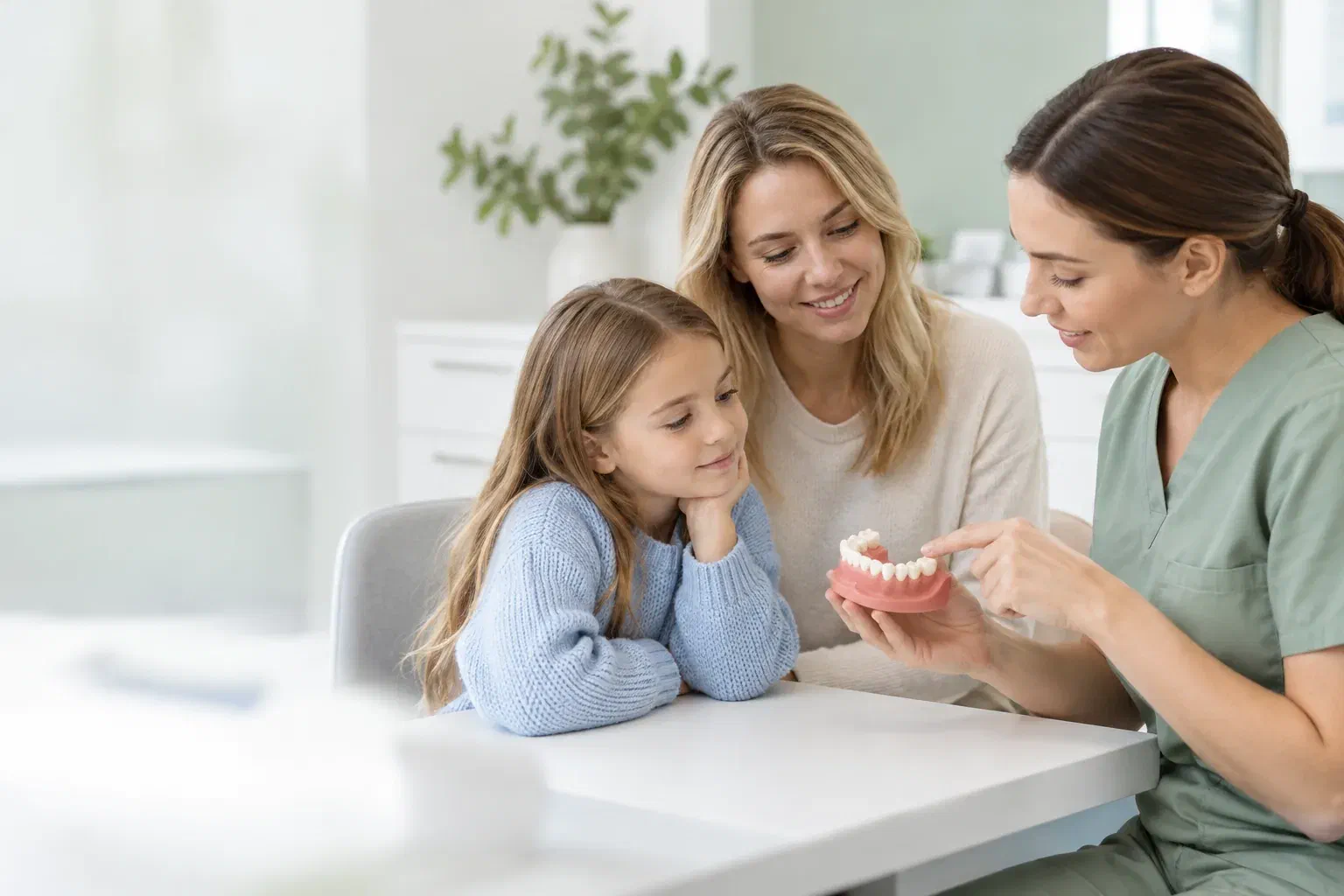 Illustrative child and parent discussing a dental arch model with a clinician