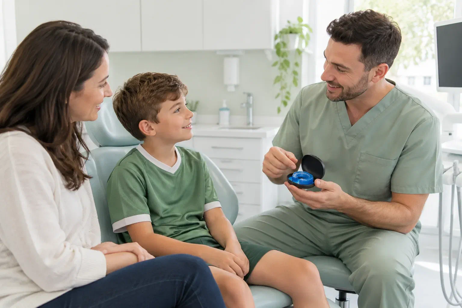 Illustrative young athlete and parent discussing a sports mouthguard with a clinician