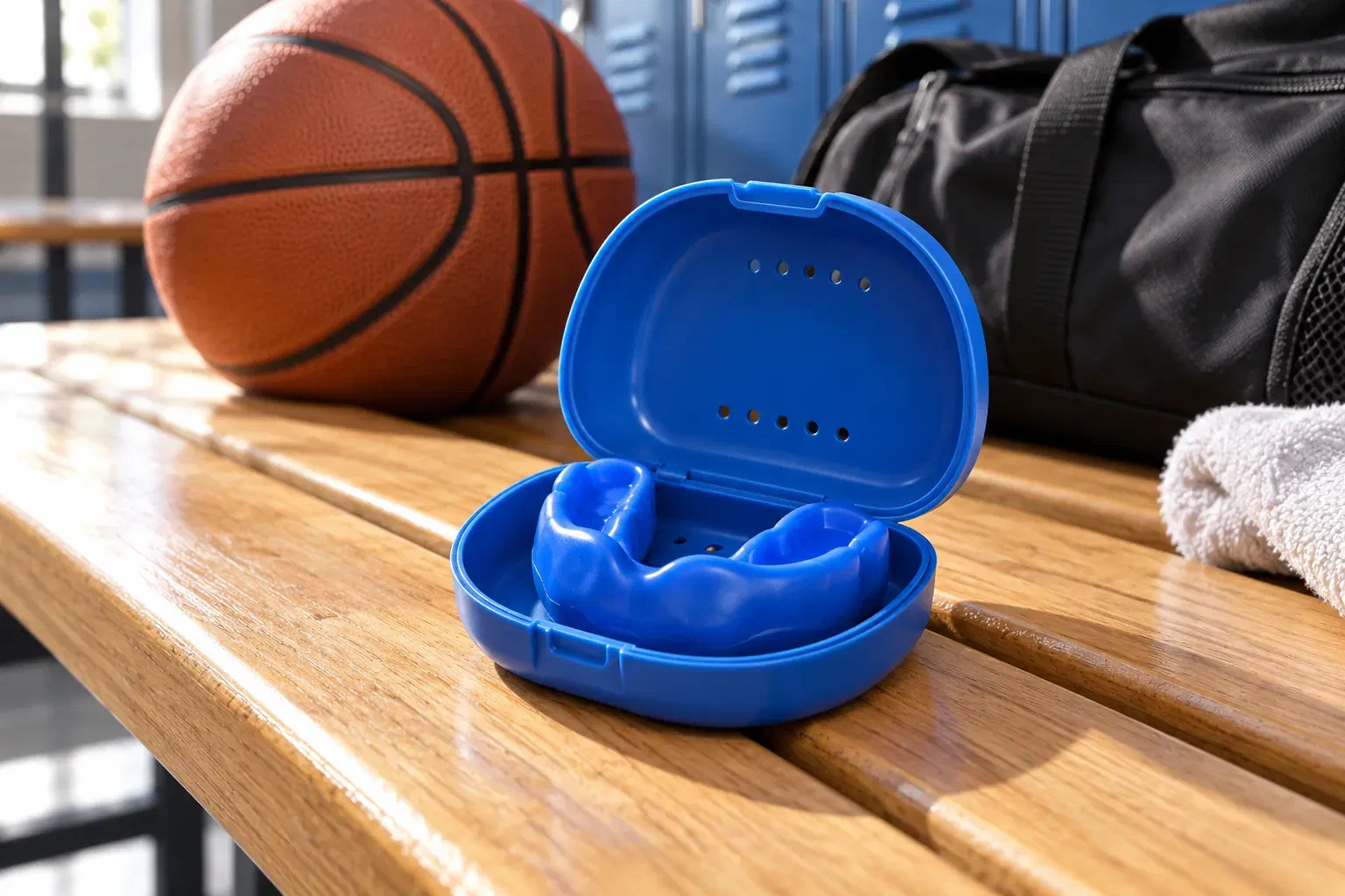 A blue sports mouthguard in a ventilated case beside basketball equipment