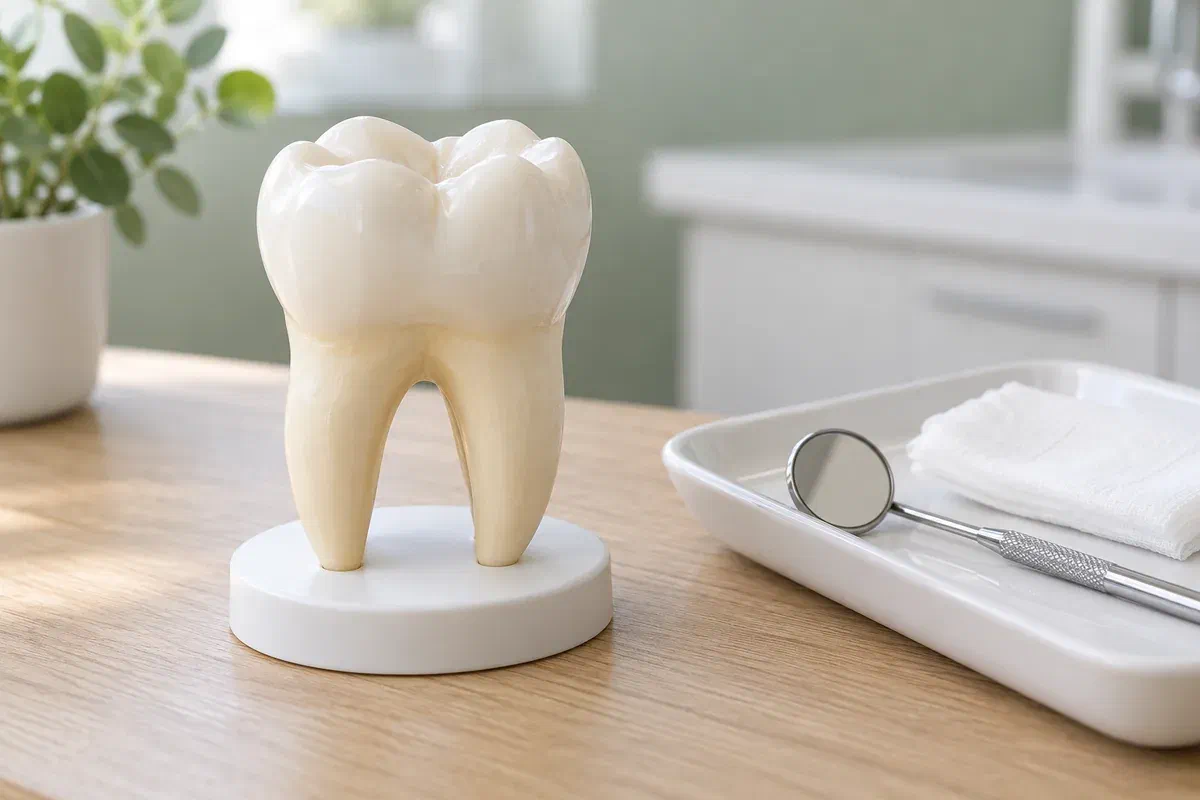 Illustrative two-root molar teaching model beside a dental mirror and gauze