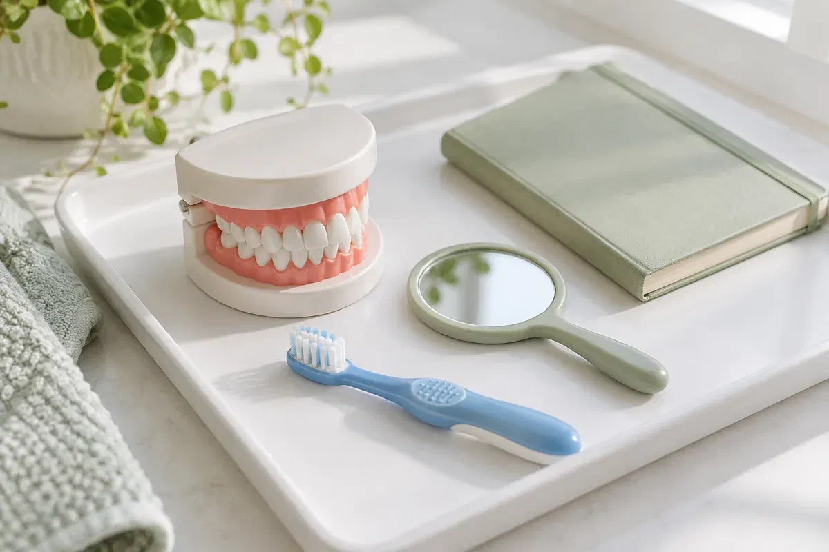 Illustrative child-sized toothbrush and dental teaching model for home-care instruction